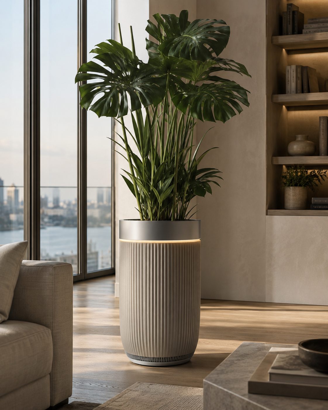 OxyFlora air purifier in a modern penthouse