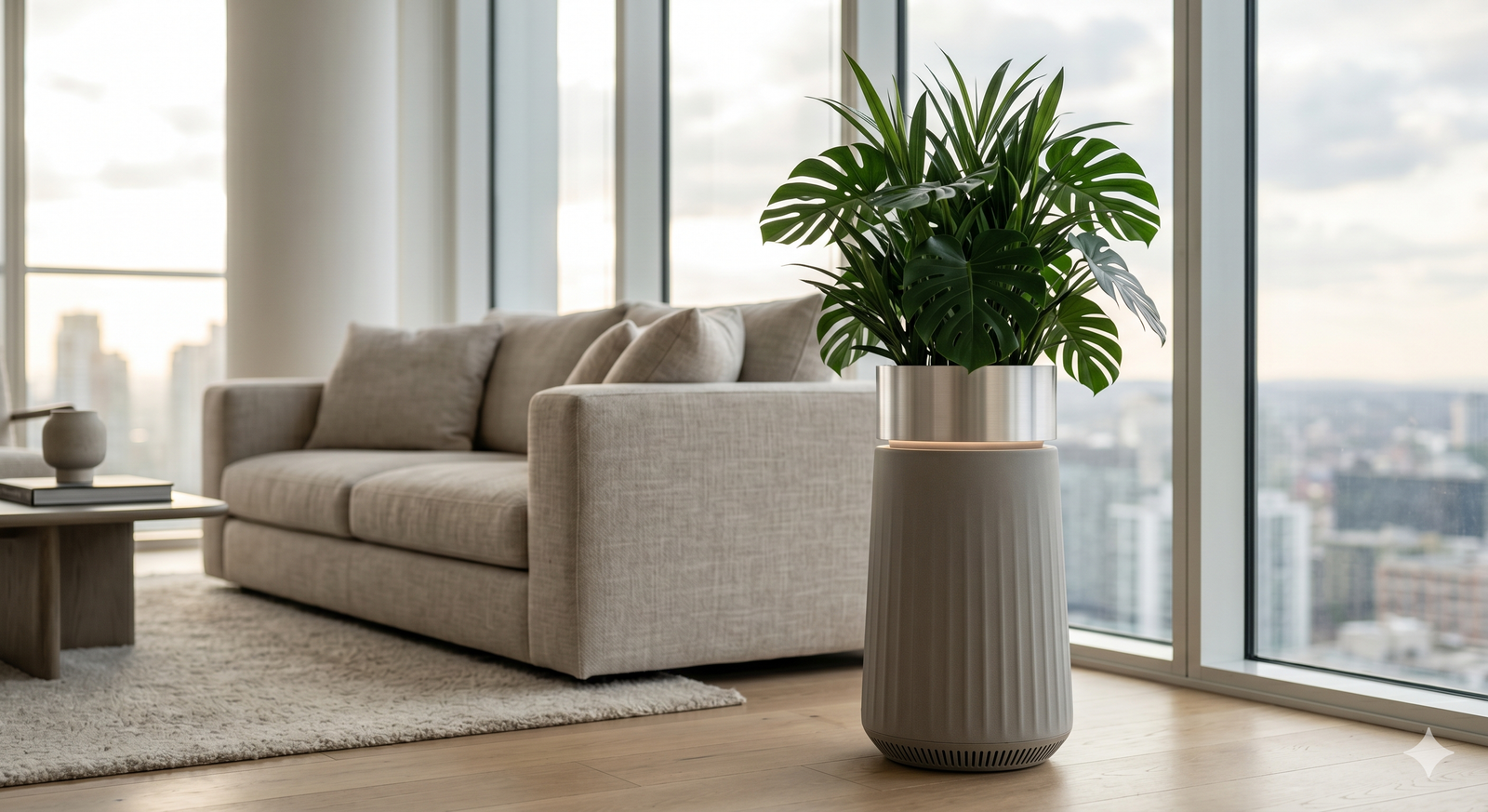 OxyFlora in a living room with skyline